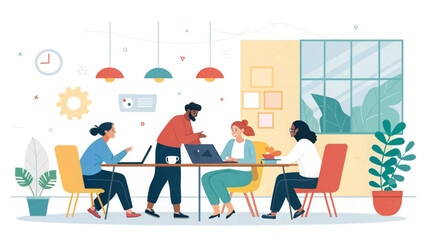 Diverse team collaborating on a project in a modern office. Business professionals discuss ideas, fostering innovation and teamwork.