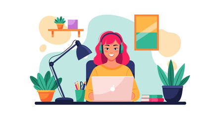 Happy woman with headphones working on a laptop at a bright home office desk, illustrating remote work, online learning, or virtual communication.