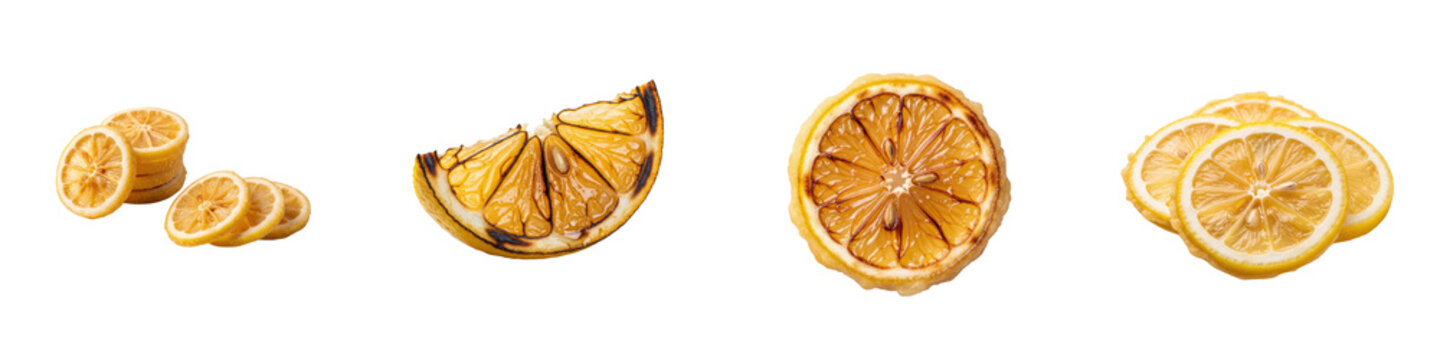Grilled lemon slices, quarter, round. Citrus, tangy, cooked, baked, charred, flavor, aromatic, culinary, fresh, fruit