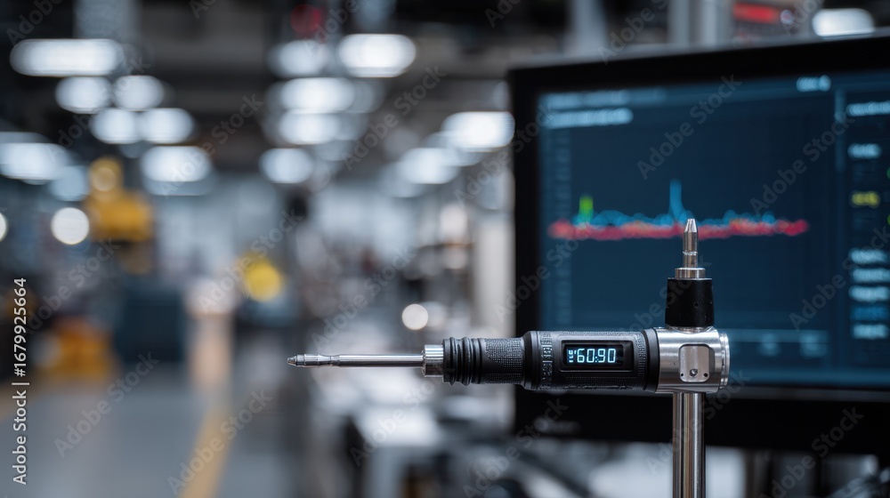 Poster closeup of a screwdriver integrated with sensors showing realtime data on a highdefinition screen bl