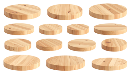 Light-colored wooden circular podiums in a grid pattern