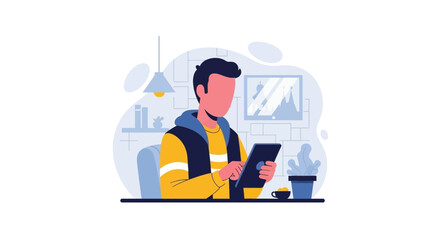 A young man in casual attire uses a digital tablet for work, study, or leisure in a modern, comfortable home or office setting. Ideal for themes of remote work, education, and digital lifestyle.