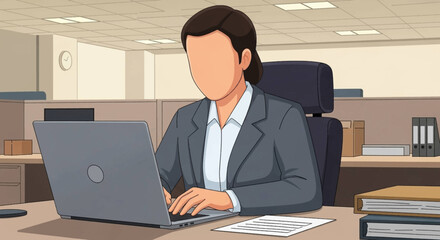 Professional businesswoman working diligently on a laptop in a modern office cubicle. Ideal for concepts of productivity, corporate life, and female professionals.