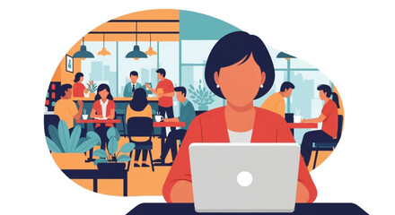 Fototapeta premium Professional woman working on a laptop in a bustling cafe, illustrating flexible work, remote jobs, and modern business lifestyle concepts.