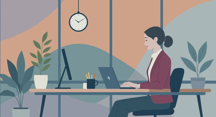 Professional woman working on a laptop at a modern office desk with plants. Illustrates remote work, productivity, and a balanced lifestyle.