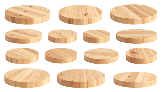 Light-colored wooden circular podiums in a grid pattern