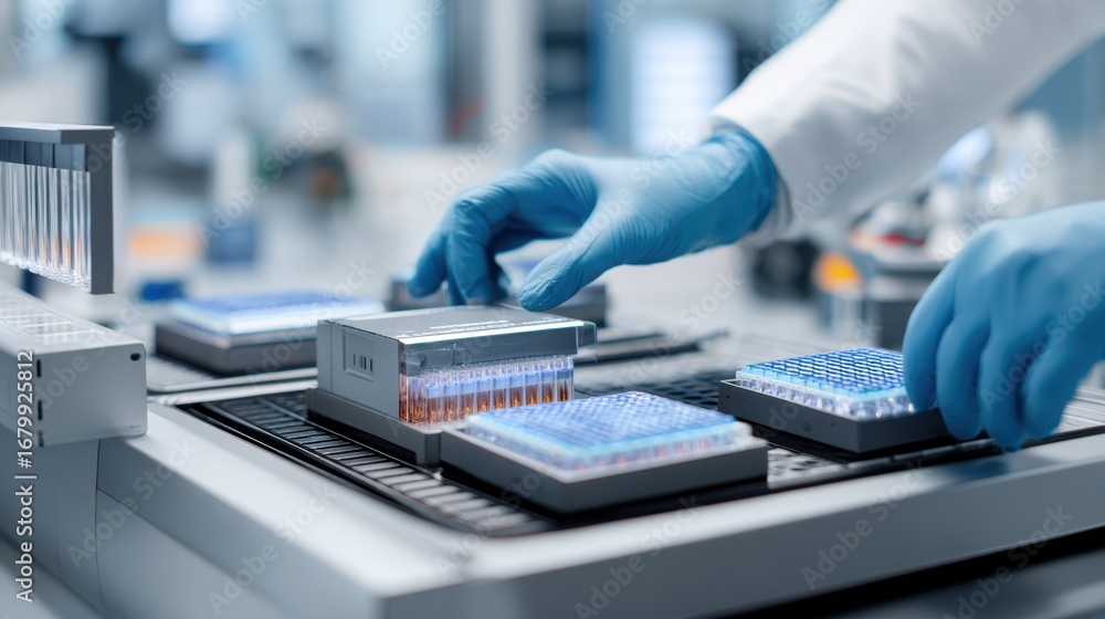 Poster aipowered pathology scanner operator loading prepared tissue slide trays showcasing detailed tray in