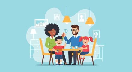A happy family of four (parents, son, daughter) enjoys quality time together at home, fostering communication and connection.