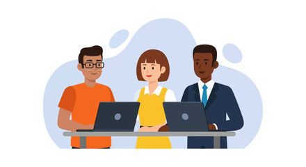 Obraz premium Diverse business team collaborating with laptops at a modern workspace. Represents teamwork, innovation, and digital communication in a professional setting.