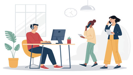 Diverse business professionals collaborate and communicate in a modern office, showcasing teamwork, remote work, and digital productivity.