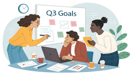 A diverse business team collaboratively brainstorming Q3 goals in a dynamic office meeting. Emphasizes teamwork, strategy, and project planning for success.