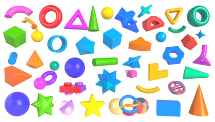 Diverse 3D geometric shapes in bright colors, arranged against black