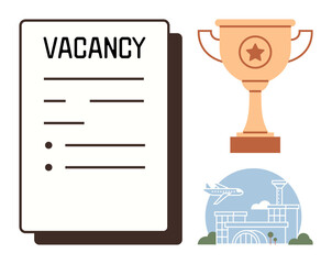Vacancy document, trophy symbolizing reward, modern airport with airplane departing. Ideal for recruitment, career, success, aviation, travel recognition aspiration. Clean simple flat metaphor