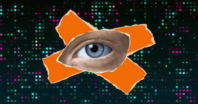 Pixel grid shimmering, orange torn-paper X framing eye lifting eyelid revealing blue iris gazing