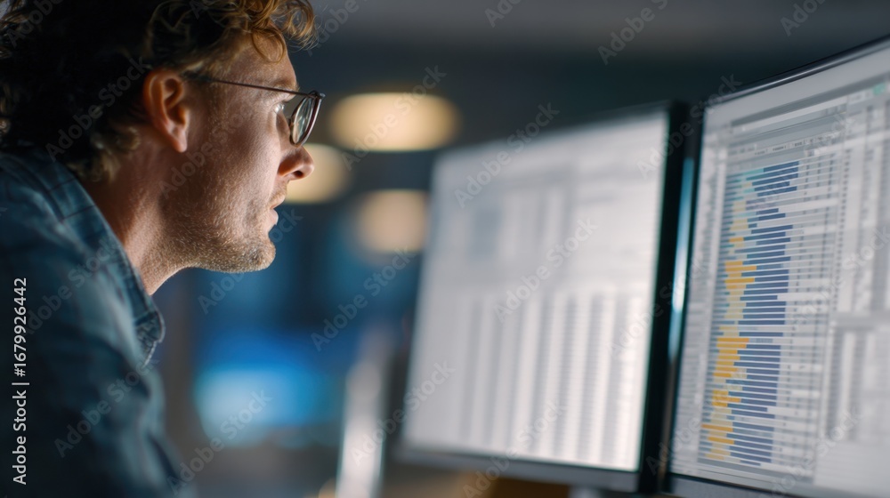 Poster medium shot focusing on a business analyst comparing supplier entries on dual monitors with the envi