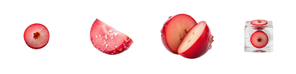 Sliced cranberries shown against white background. Fresh fruit, vibrant, healthy, food photography, raw, cut, vitamins, delicious, juicy, ingredient, freshness