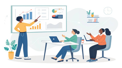 Diverse business team collaborating in a modern office, analyzing data and discussing strategy on a whiteboard. Professional meeting, corporate growth, and teamwork.