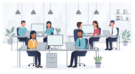 Diverse professionals collaborate and work productively in a modern, open-plan office, highlighting teamwork and corporate efficiency.