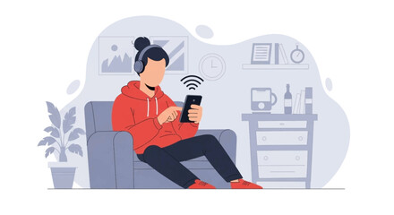 Relaxed individual with headphones using a smartphone on a sofa at home. Illustrates modern digital connectivity, leisure, and comfortable lifestyle.