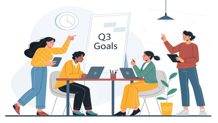 Diverse business team collaborates on Q3 goals, strategizing and working together in a productive office meeting. Ideal for concepts of planning and achievement.
