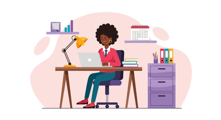A smiling Black businesswoman works productively on her laptop at a vibrant office desk. Ideal for themes of remote work, entrepreneurship, and professional success.
