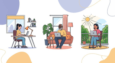 People working remotely from home and outdoor settings, illustrating flexible work arrangements, comfort, and productivity in a modern business lifestyle.