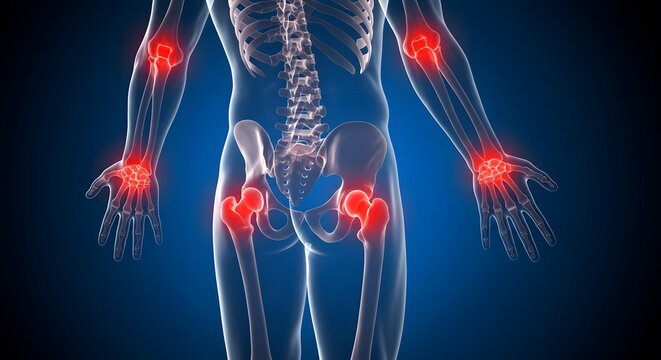 Human skeleton with joint pain visualized in red for medical concepts, arthritis, and orthopedic health awareness, a modern and professional healthcare resource