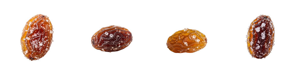 Crystallized raisins isolated on white. Dried fruit, sugar crystals, confectionery, sweet treat, healthy snack, dried grapes, ingredient, culinary