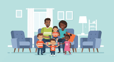 Happy diverse family with parents and four children relaxing and playing together in a cozy living room at home, depicting joy and togetherness.
