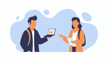 Two young professionals or students collaborate, discussing data analytics on a laptop showing growth. Ideal for business, education, or teamwork concepts.