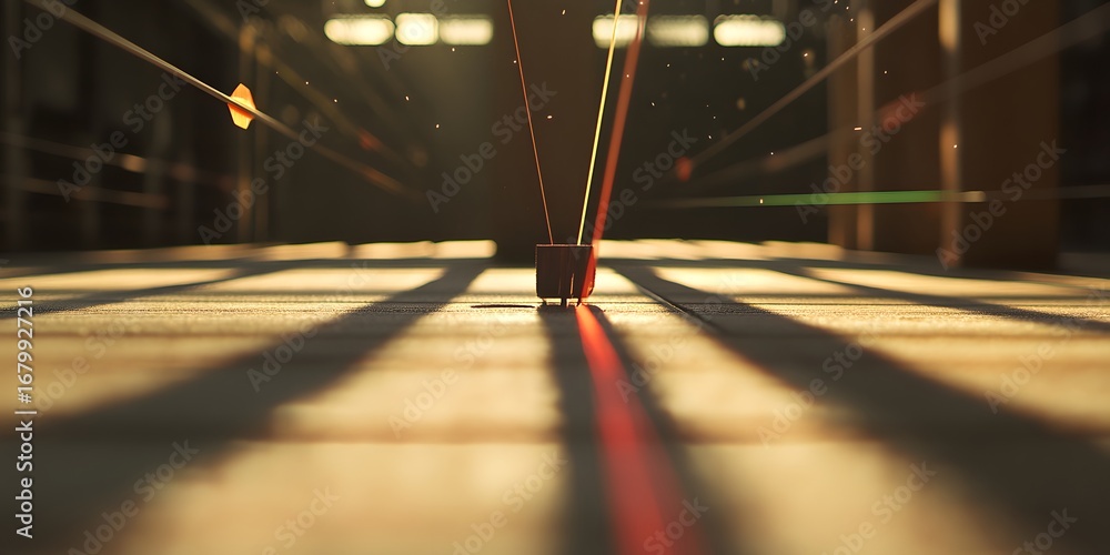 Poster a close-up of a laser beam creating striking reflections and shadows in a dimly lit environment, sho