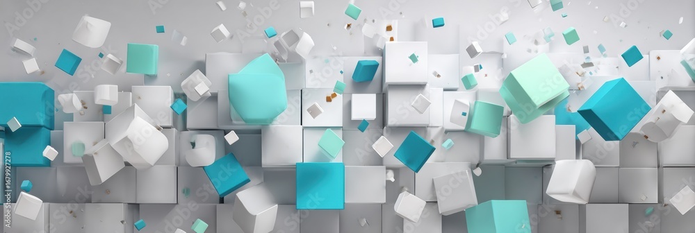 Poster colorful geometric shapes float above a white background creating a dynamic and modern visual design