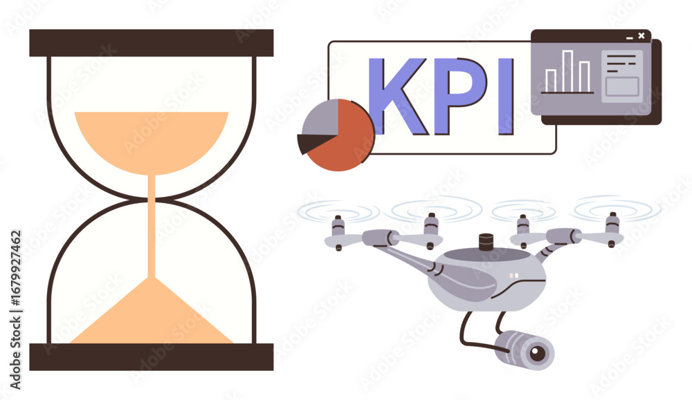 Poster hourglass for time tracking, kpi board with graphs for performance analytics, a quadcopter for techn