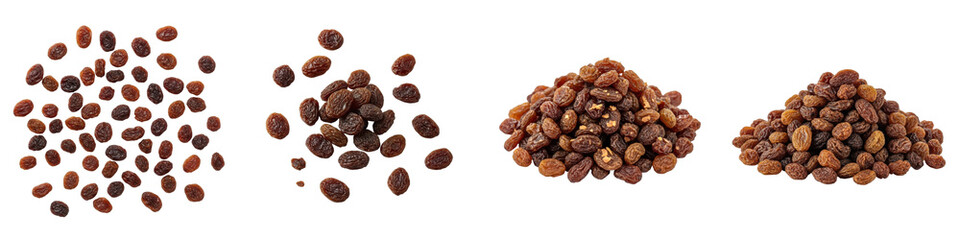 Obraz premium Different arrangements of raisins. Dried fruit, snack food, healthy eating, cooking ingredient, nutrition, confectionery, sweet treat, natural