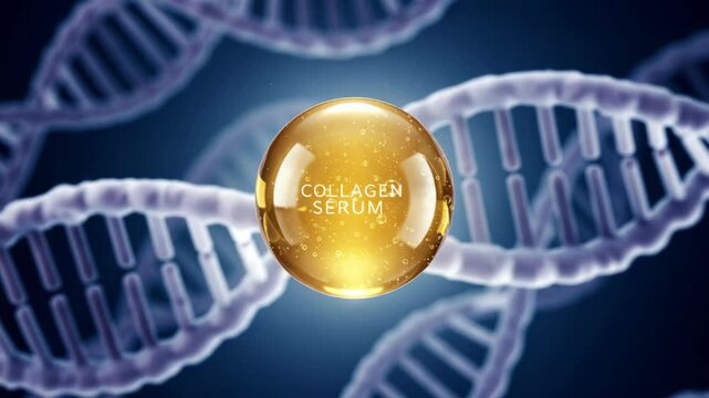 Golden Collagen Serum with DNA Strands in Soft Blue Background
