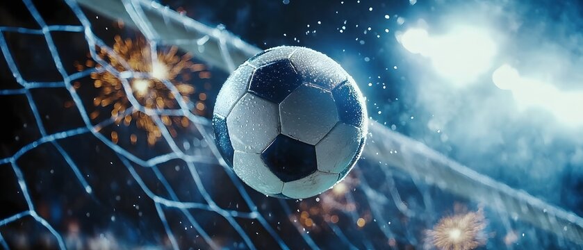 A dynamic image capturing a soccer ball in mid-air as it approaches the net, surrounded by bursts of light and energy, showcasing the excitement of the game.