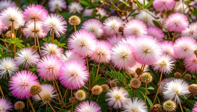 A close-up view of a cluster of delicate pink and white flowers, showcasing their fluffy, dandelion-like blossoms and vibrant colors against a background of lush green foliage.