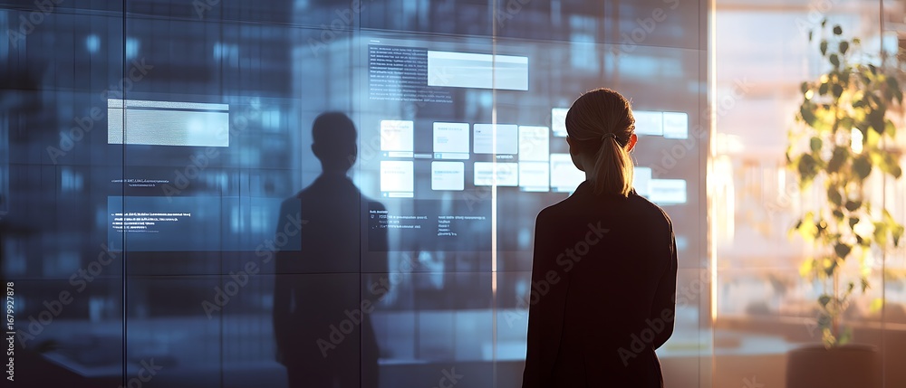 Poster A professional individual stands in front of a holographic display, analyzing data and insights in a modern workspace, symbolizing innovation and the future of technology.