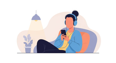 Relaxed person in headphones uses a smartphone on a comfortable chair at home, illustrating modern leisure, digital entertainment, and work-life balance.