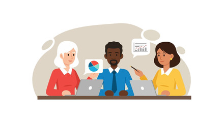 Diverse business team collaborating on a project, analyzing data and discussing financial strategies in a professional office setting. Ideal for corporate communication and teamwork concepts.
