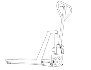 Hand Pallet Truck Vector Illustration: Simple Black and White Line Art for Essential Industrial Equipment, Warehouse Machinery, Logistics, Manufacturing, Distribution and Cargo Handling Solutions.