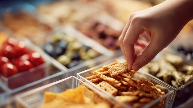 Medium shot of a hand selecting a lowcarb snack from a variety of blurred options emphasizing dietary restrictions for ketogenic or lowcarbohydrate lifestyles.