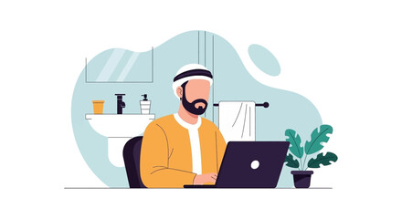 Focused Arab man using a laptop for remote work or online learning in a contemporary home environment. Ideal for business, technology, and lifestyle concepts.