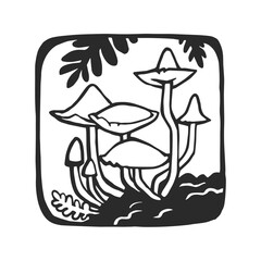 Vector hand-drawn illustration of mushrooms in a frame. Sketch of forest details
