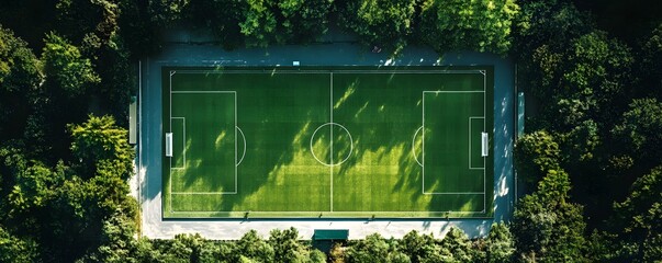 Obraz premium Aerial view of a vibrant green soccer field surrounded by dense trees, showcasing a well-maintained pitch ready for a match, ideal for sports enthusiasts and nature lovers alike.