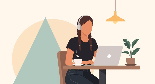 Focused woman with headphones working remotely on a laptop in a cozy, modern setting. Ideal for themes of productivity, online education, or freelance lifestyle.