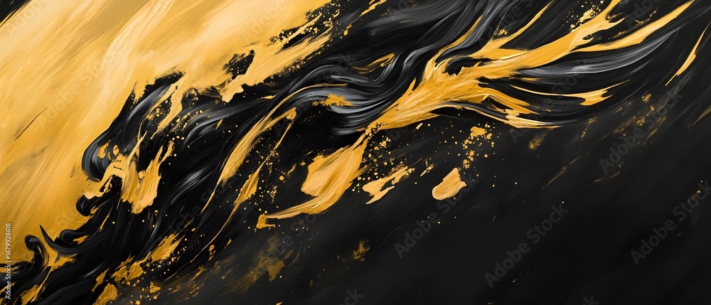 Aufkleber an abstract representation of flowing paint in vibrant black and golden hues, creating a dynamic and