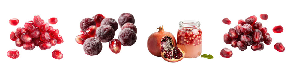 Pomegranate seeds, halves & juice on white. Fresh, frozen fruit and drink. Superfood, healthy, antioxidant, sweet, delicious, ripe, vegan, food, raw, nutrition, natural