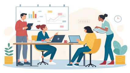 Diverse team of professionals collaborating in a modern office, analyzing data and strategizing for business success. Ideal for concepts of teamwork and project management.