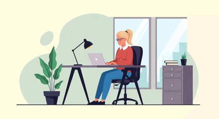 Focused woman in a modern home office working on her laptop, depicting remote work, productivity, and a contemporary business lifestyle.